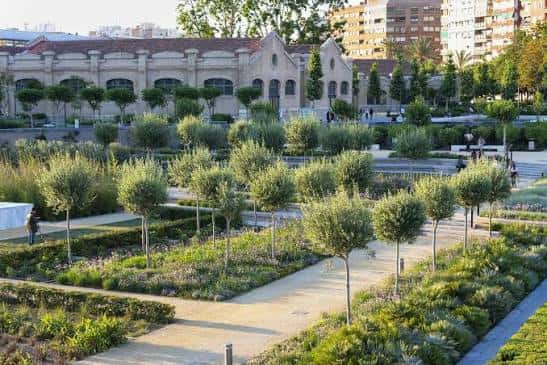 Jardines formales con árboles jóvenes y senderos en el Parque Central de Valencia