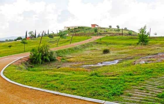 Zona verde del parque con sendero curvo y colinas en el fondo