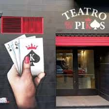 Fachada del Teatro Rey de Pikas con cartel promocional de cartas y logo