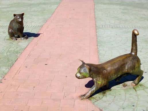 Detalle de las esculturas de gatos en la plaza, mostrando una estatua de bronce y otra de color verde