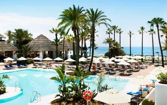 Vista panorámica de la piscina del resort con palmeras y el mar al fondo