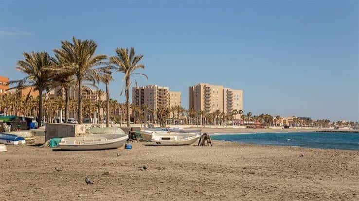 Playa de El Palmeral con palmeras y embarcaciones en primer plano