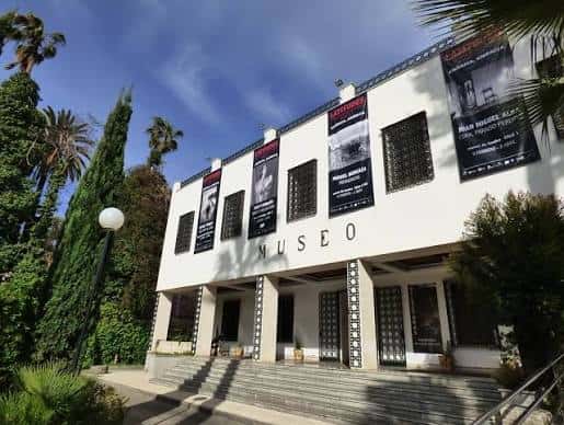 Vista exterior del Museo de Huelva rodeado de palmeras y cielo azul
