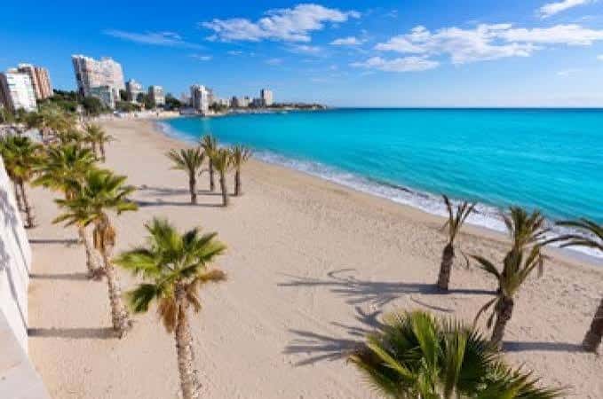 Playa de San Juan con palmeras, arena dorada y mar turquesa bajo un cielo azul