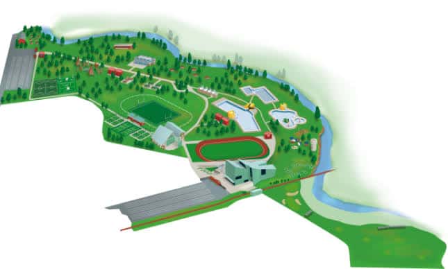 Mapa ilustrativo del Complejo Polideportivo Parque de Gamarra mostrando sus instalaciones deportivas y zonas verdes