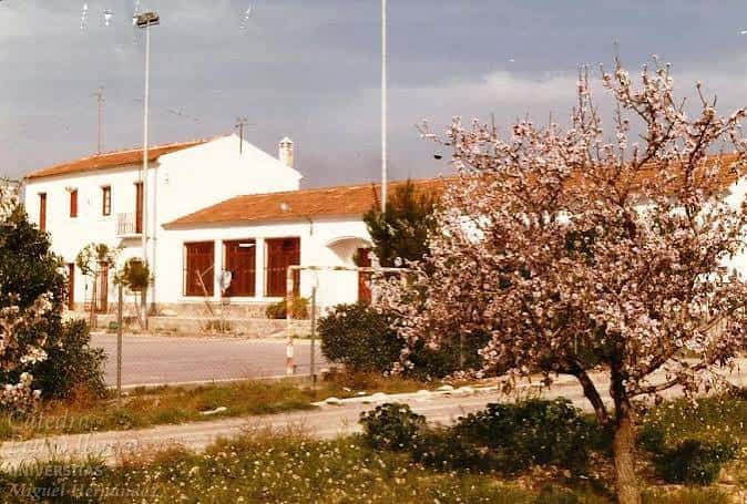 Vista exterior del Centro Social de Matola con fachada blanca y árbol en flor