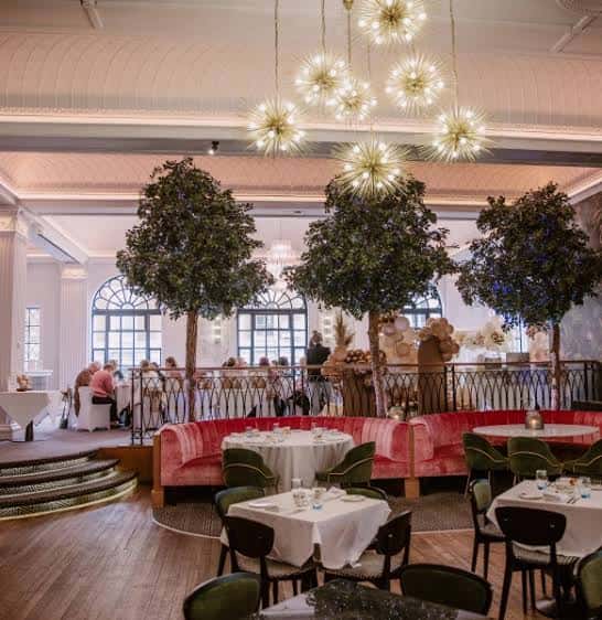 Interior del salón de eventos con mesas decoradas y árboles ornamentales