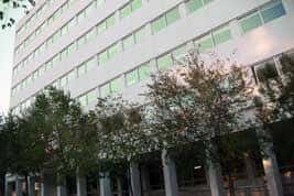Vista exterior del edificio del Centre Cívic Sant Martí con columnas y árboles