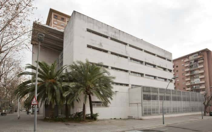 Exterior del edificio mostrando su arquitectura moderna y palmeras frente a la entrada