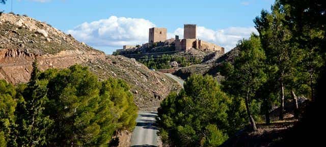 Acceso al castillo rodeado de vegetación y montañas en primer plano