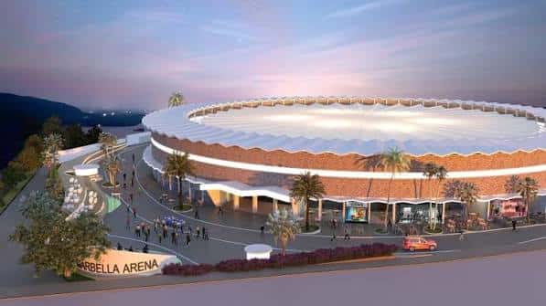 Render arquitectónico de la fachada exterior de Marbella Arena al atardecer