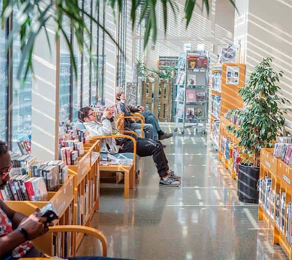 Espacio interior de lectura con personas relajadas y estanterías de madera