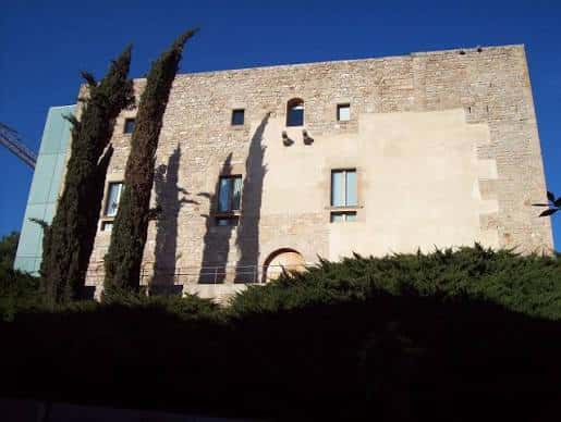 Detalle de la fachada lateral del castillo con cipreses altos y cielo azul