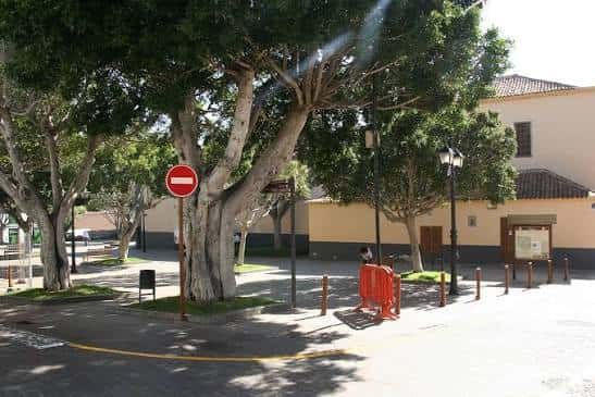 Vista de la Plaza del Cristo de la Salud con árboles frondosos y señalización vial