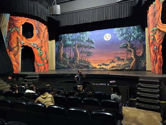 Vista general del auditorio de Sala Cabanyes con escenario decorado y público sentado