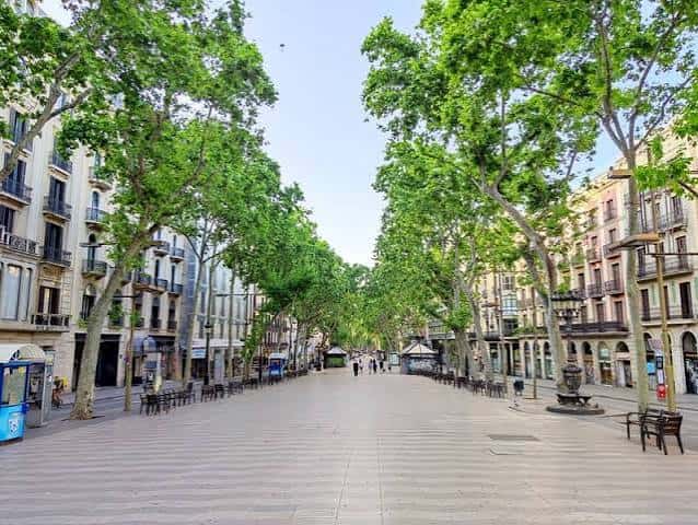 La Rambla con árboles y edificios a ambos lados