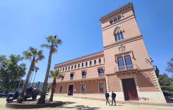 Fachada principal del palacio con palmeras y cielo azul despejado