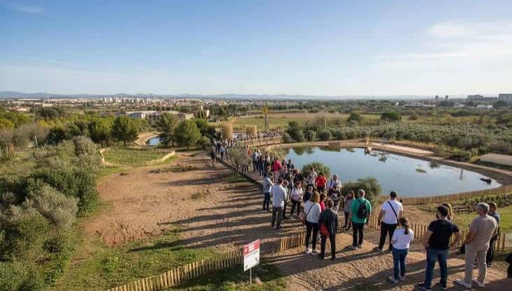 Grupo de personas visitando las Basses del Pedret desde una pasarela elevada