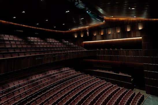 Interior de la Sala Gran con butacas rojas y diseño acústico en madera