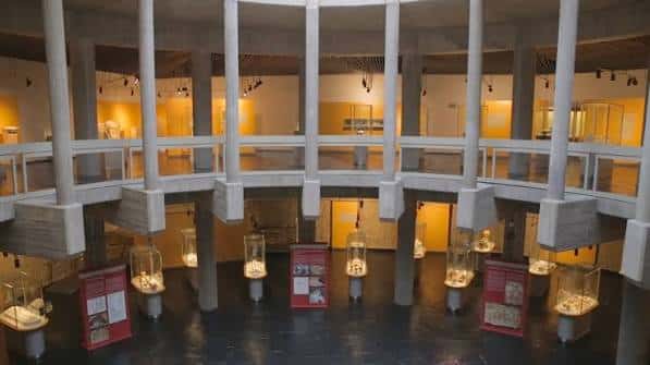 Vista panorámica del atrio central con columnas y exposiciones en dos niveles