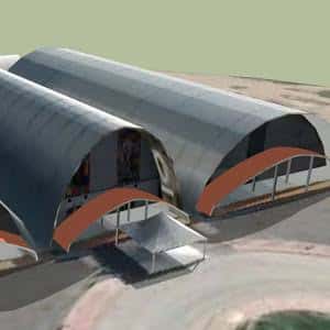 Render arquitectónico de las naves del recinto ferial con estructura metálica y techos curvos