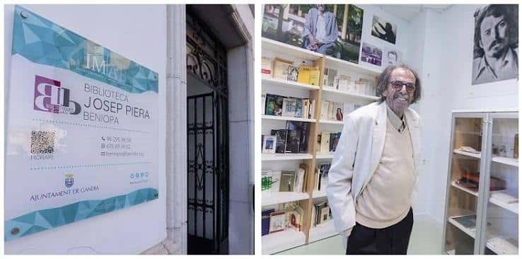 Fachada de la biblioteca y exposición interior con retrato del autor