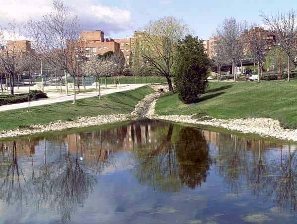 Paisaje del parque con estanque y edificios residenciales al fondo