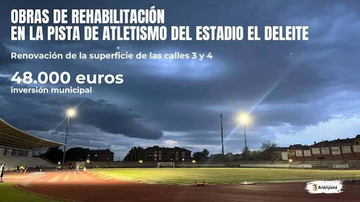 Vista panorámica de la pista de atletismo del Estadio El Deleite con iluminación nocturna