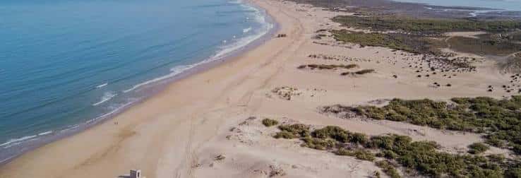 Vista aérea panorámica de la Playa de Camposoto con dunas y mar