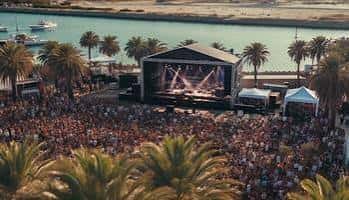 Escenario junto al mar con palmeras y público en el Concert Music Festival