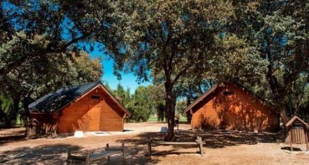 Cabañas de madera en el Parque Deportivo La Garza con sombra de árboles y ambiente natural