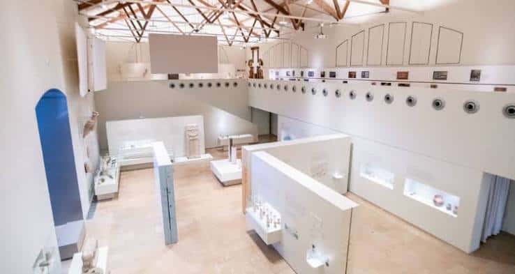 Sala de exposiciones modernas con vitrinas y estructura de techo de vigas de madera