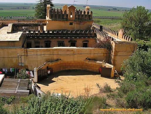 Vista aérea del patio interior y estructura del Palacio de Gandul rodeado de campo