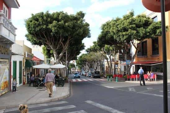 Vista actual de la Calle Grande en Adeje con árboles frondosos y terrazas de restaurantes