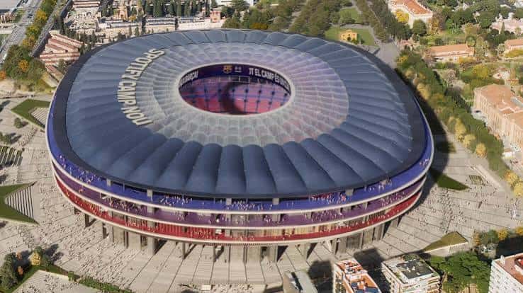 Vista aérea del estadio con techo renovado y detalles arquitectónicos modernos