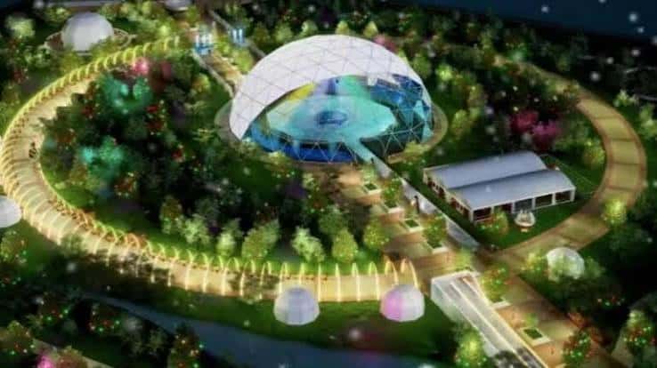 Ilustración conceptual de decoración navideña con domos luminosos y fuentes en el jardín botánico