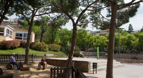 Zona de descanso con bancos y árboles bajo sombra