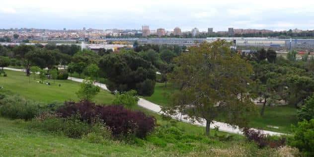 Vista panorámica del parque con senderos y árboles frondosos