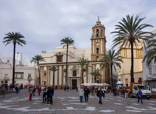 Plaza de la Catedral de Cádiz con la fachada de la catedral y palmeras bajo un cielo nublado