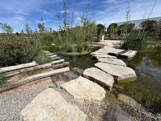 Pasarela de piedras sobre el agua en el parque