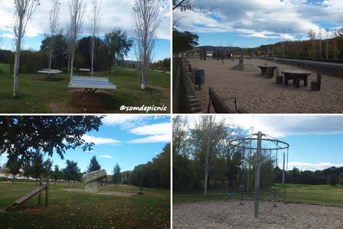 Collage de zonas recreativas del parque: mesas, juegos infantiles y áreas verdes
