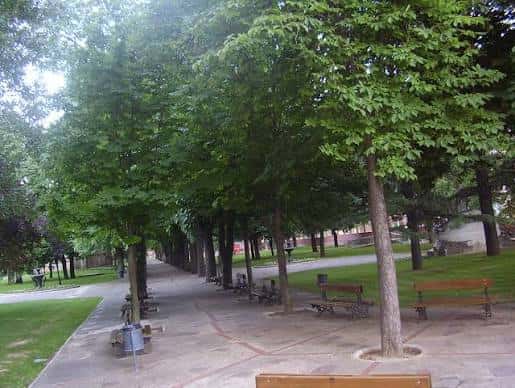 Paseo arbolado con bancos en el Parque de la Huerta de Guadián