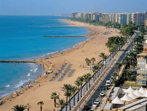 Playa de la Malvarrosa con palmeras y paseo marítimo