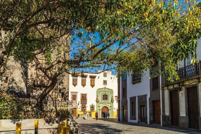 Vista de la plaza desde bajo árboles con edificios históricos al fondo