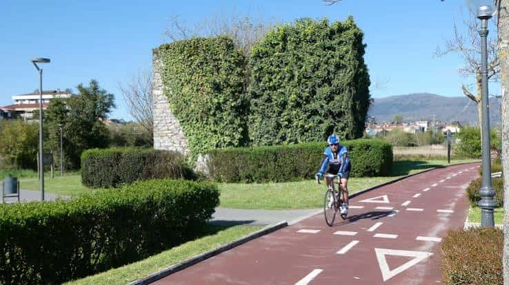 Ciclista en la vía verde de Bidegorri con muro cubierto de hiedra
