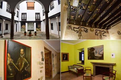 Collage que muestra el patio interior, techos decorados, retratos y salas de exposición del museo
