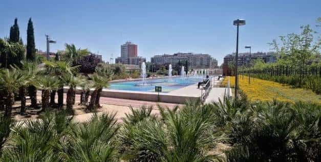 Fuente con palmeras y edificios al fondo en un día soleado