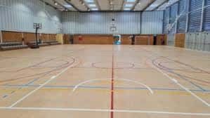 Vista general de la pista deportiva vacía con líneas marcadas y canastas de baloncesto