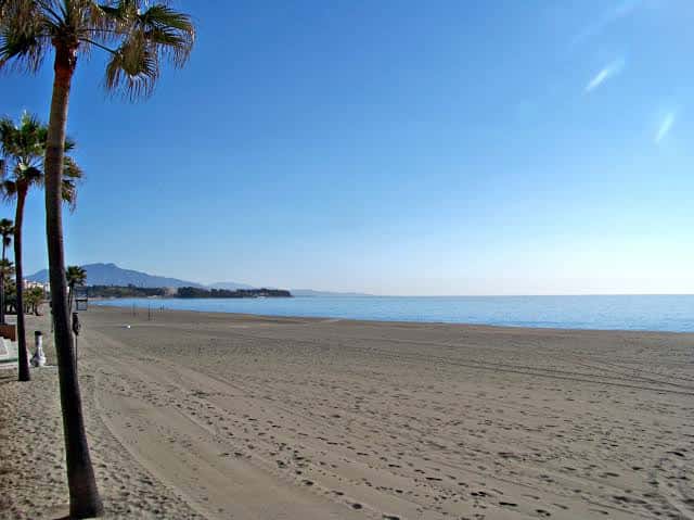 Playa de La Rada con palmeras y mar en un día soleado