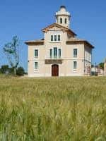 Vista exterior de la Torre Lluvià rodeada de campos de trigo bajo un cielo despejado
